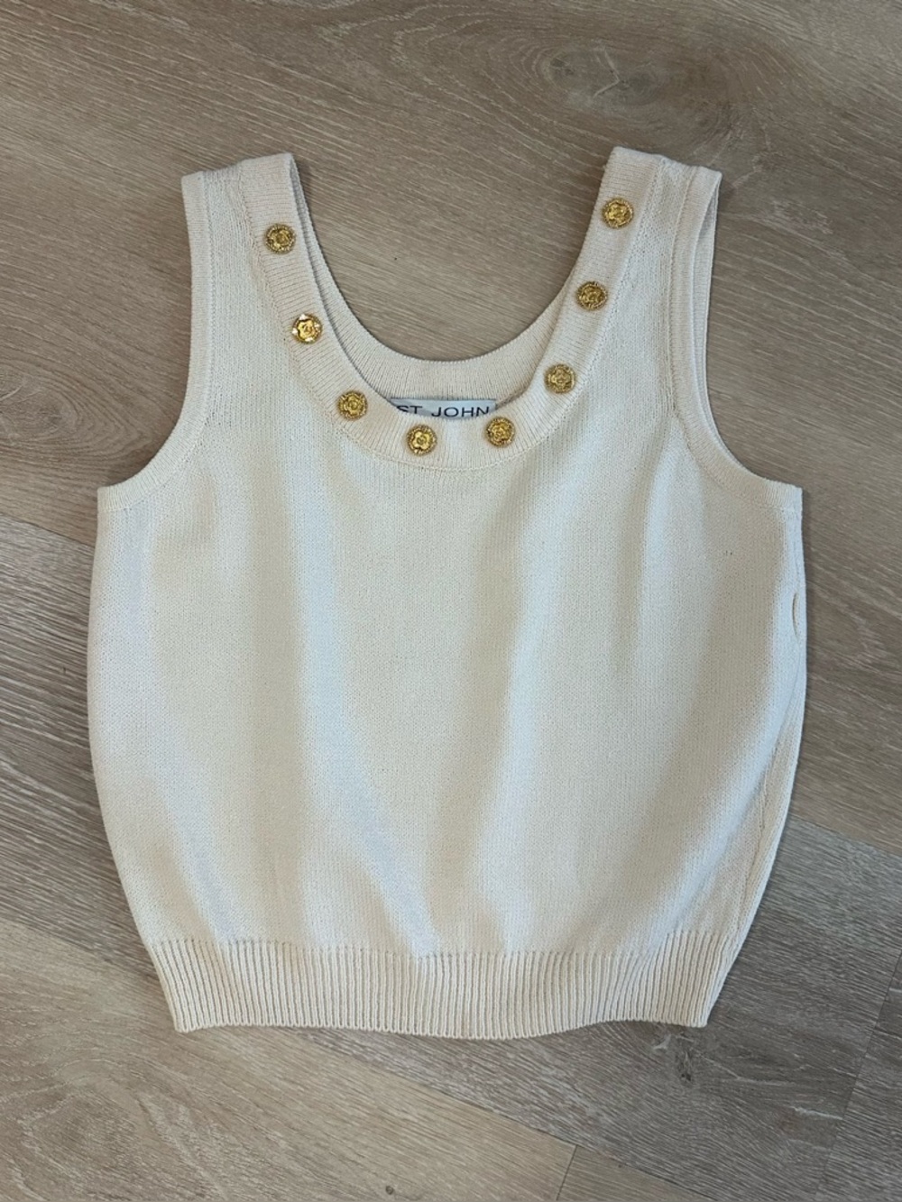 St. John Knit Sweater Tank Top Cream Gold Button Detail Sleeveless Shell S